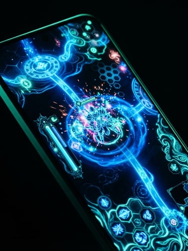 Macro shot of a high-end Android smartphone screen displaying a fluid, glowing electric blue game UI, neon mint rim lighting, deep dark background, 8k resolution