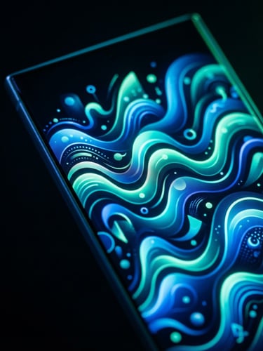 Macro shot of a high-end Android smartphone screen displaying fluid neon blue and mint vector graphics, dramatic dark background with neon rim lighting.