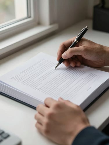 Close-up of hands turning pages of a thick tax document on a clean desk, natural window light from the left, pen resting on the page, focus on the document edge and fingertips