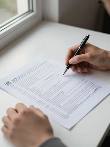 Close-up of hands reviewing a multi-page tax document on a clean desk, natural daylight from a window to the left, a pen resting beside annotated pages