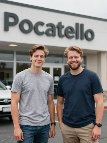 Honest, unposed medium shot of two friendly brothers standing outside their clean Pocatello dealership storefront under natural overcast daylight.