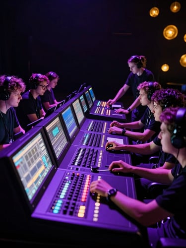 Behind-the-scenes shot of a creative production team collaborating at a lighting console, glowing monitors casting purple and blue light on focused faces, high contrast