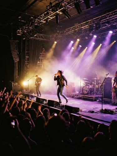 Dynamic low-angle shot of an active concert stage, dramatic purple and gold theatrical lighting beams piercing deep shadows, wide environmental perspective, 35mm film style