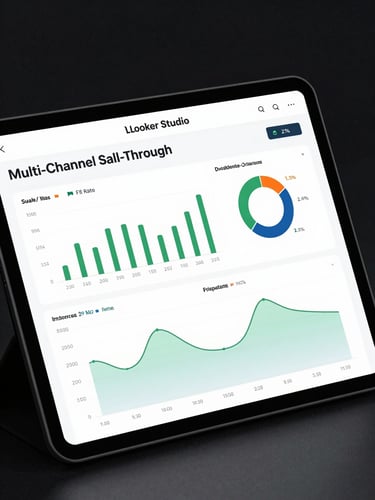Full-screen Looker Studio dashboard showing multi-channel sell-through data, fill rate KPIs and inventory heatmap on a dark background, clean data visualization UI, no people