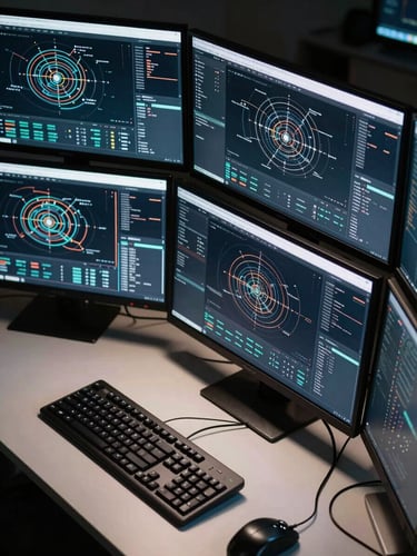 Close overhead shot of a technical workstation, multiple monitors displaying dense infrastructure dashboards and network flow diagrams, hard strobe lighting from above casting sharp shadows across the desk surface, keyboard and cables in foreground, no faces visible