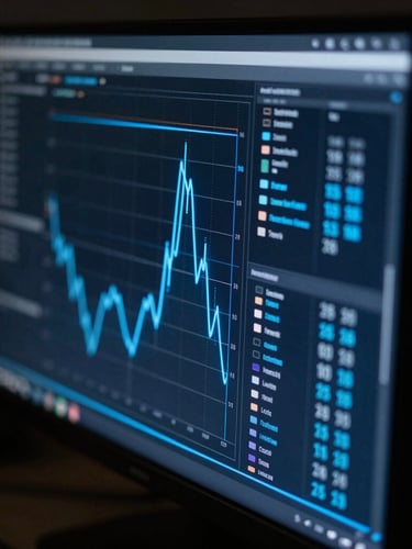 Macro close-up of a dark-themed operational dashboard on a high-end monitor, sharp electric blue data flow lines, low-key ambient lighting, highly technical and precise