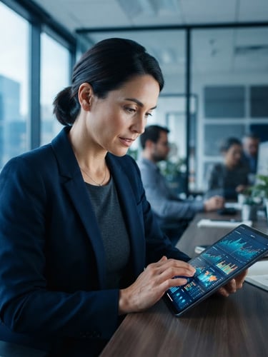 Medium close-up of a corporate research lead analyzing real-time statistical charts on a modern tablet, cool natural office daylight, deep blue and slate tones, crisp details, 35mm lens