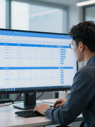 A professional data analyst working in a bright, modern architectural office, viewing a clean data dashboard on a screen, soft blue screen glow, 35mm lens
