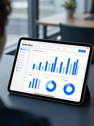 Over-the-shoulder view of a tablet displaying a clean data dashboard with bar charts, cool natural office daylight, deep blue and slate tones, 35mm lens