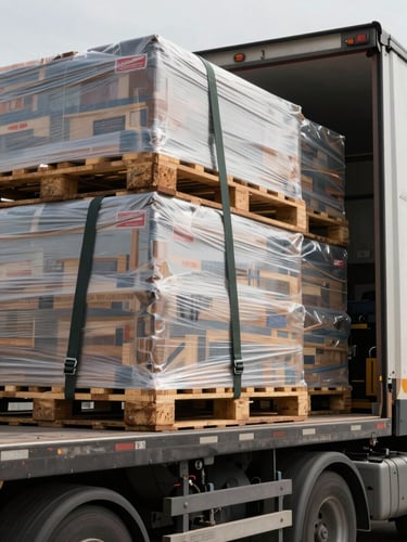 Close-up of cargo pallets wrapped in stretch film being loaded onto a truck at a dock, overcast daylight flooding the loading bay, straps and equipment visible in the foreground