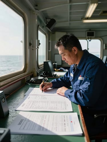 Wide environmental shot inside a vessel bridge, a maritime officer in work gear reviewing printed crew documentation at the chart table, natural daylight from porthole windows casting sharp lines across the paperwork, framed from the left edge of the frame with deep interior space behind