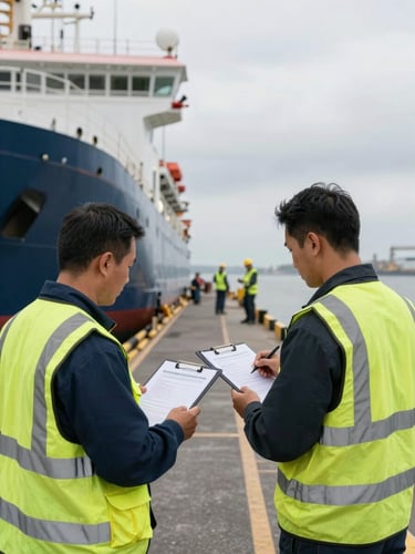 Environmental wide shot of a port crew change operation — two crew members in high-visibility vests reviewing boarding documents on a clipboard at a vessel gangway, flat overcast daylight, steel hull and dock infrastructure visible in the background, no faces clearly shown