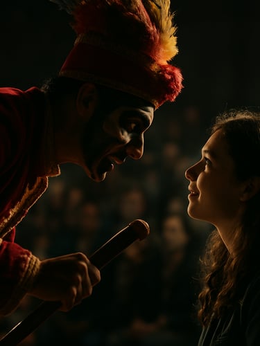 Zanquero performer leaning toward a crowd member at eye level, intimate interaction captured mid-movement, theatrical side lighting, candid press-style framing