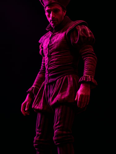 Tight vertical frame, performance lighting from stage left — a zanquero in full costume locks eyes with someone in the crowd, upper body and stilts visible, magenta gel light cutting across the figure against deep black background