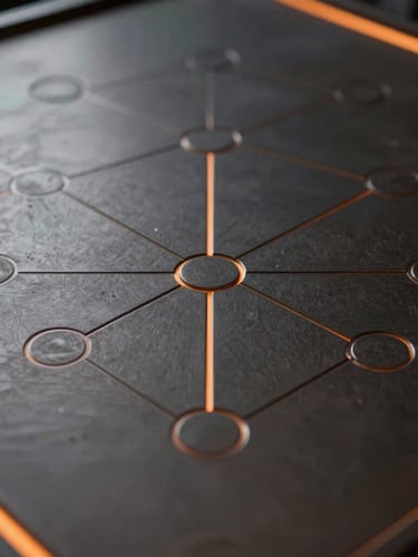 An elegant, clean structural diagram showing connected nodes and clean pathways, etched into dark metal, low-key lighting, orange accent lines, architectural precision.
