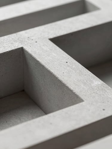 Macro close-up of a minimalist concrete architectural model, sharp diagonal shadows, high-contrast lighting, clean lines.