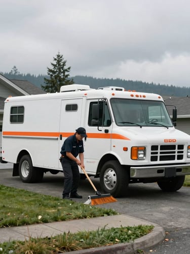 Wide shot of a clean Junkie Bunkie orange-accented truck parked in a Renton residential driveway, crew in uniform sweeping the cleared space under overcast Washington skies.