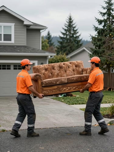 An active junk removal crew in bright orange and charcoal uniforms lifting a heavy wooden sofa out of a Renton home driveway, overcast Pacific Northwest daylight.
