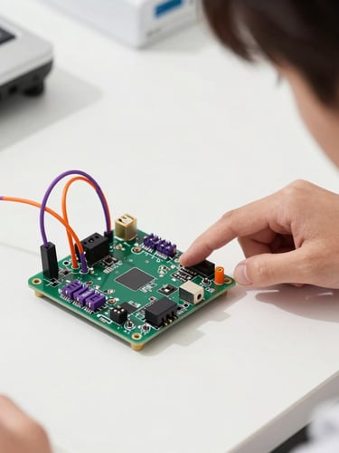 Angled close-up of a student pointing at a working microcontroller hardware prototype on a clean white desk, bright natural daylight, purple and orange wires