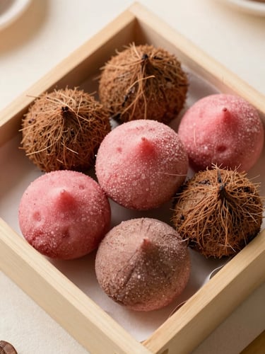 Overhead flat-lay of a wooden box filled with naturally pink beetroot and brown coffee coconut burfis on parchment paper, soft morning light, editorial food photography