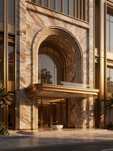photorealistic 3D architectural render, warm golden-hour sunlight, rich travertine and bronze tones, dramatic shadows, 8k, soaring lobby entrance of The Aurelia with elegant modern arches and a minimalist water feature