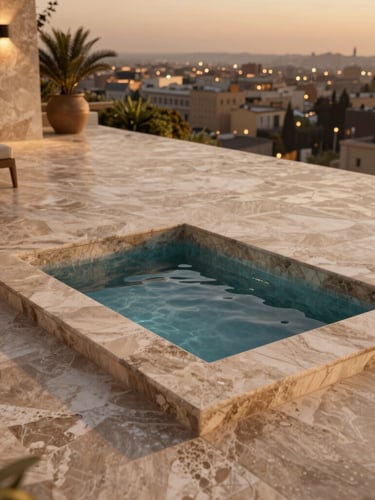Photorealistic 3D architectural render of a private travertine terrace with a deep plunge pool overlooking West Cairo at twilight, warm ambient lighting, 8k