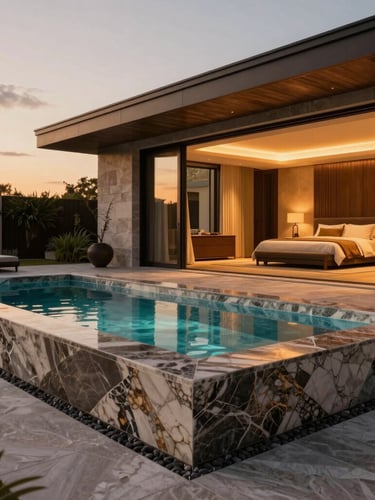 photorealistic 3D architectural render of an expansive private terrace with a marble-edged plunge pool at twilight, warm interior ambient lighting glowing from the master suite behind, 8k