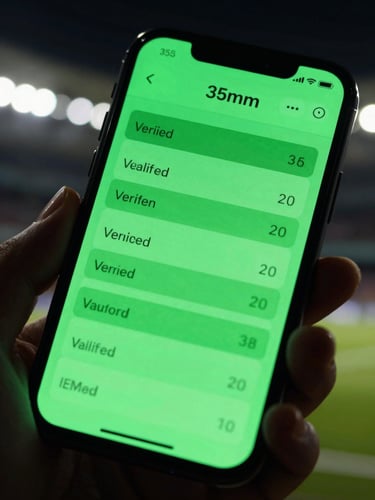 High-contrast macro shot of a smartphone screen showing a verified green betting slip with neon green highlights, dark stadium background, dramatic lighting, 35mm
