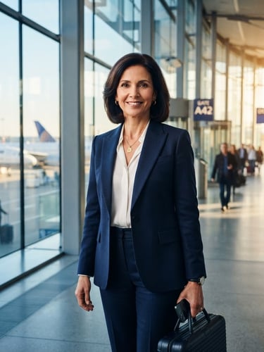High-end editorial portrait of a corporate executive in a modern, sunlit airport terminal, cool blue and gold tones, sharp depth of field, 35mm.