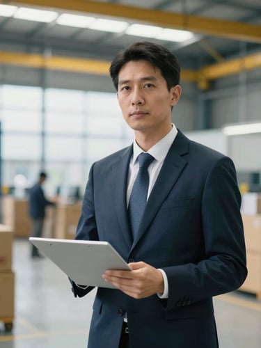 A professional portrait of a focused logistics manager in a modern terminal, high-contrast corporate lighting with gold accents, sharp depth of field, 35mm.