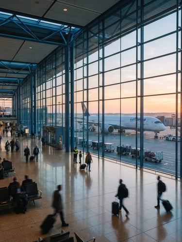 Wide environmental shot of a modern airport terminal at sunrise, soft golden light reflecting on polished floors, a commercial airliner visible through glass, premium editorial photography, 35mm