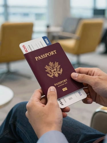 Close-up of executive hands holding a passport and boarding pass inside a premium airport lounge, soft warm lighting, 35mm photography