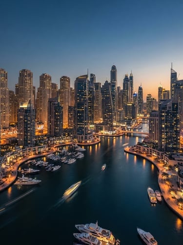Wide-angle architectural view of Dubai Marina skyline at dusk, sharp corporate lighting, premium editorial photography, 35mm