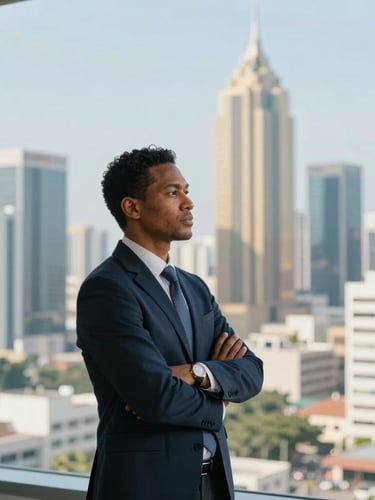 Medium close portrait of a focused professional in a modern corporate office overlooking the Lagos skyline, bright natural daylight, architectural depth