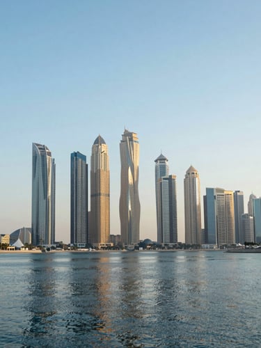 Wide architectural shot of the Dubai marina skyline meeting the water, crisp morning daylight, premium editorial photography, cool blue and gold tones, 35mm