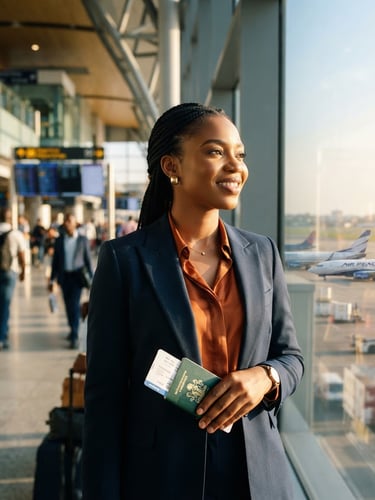 A sharp editorial portrait of a confident young Nigerian professional in a modern, sunlit airport terminal, holding a passport and looking toward the horizon, warm gold highlights, premium depth of field.