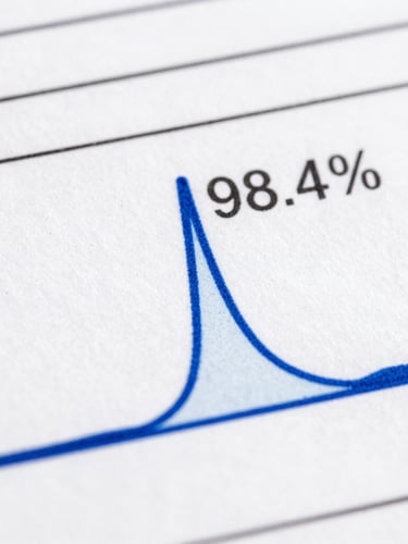 Macro close-up of a high-resolution HPLC chromatogram graph printed on clinical paper, displaying a sharp single peak indicating 98.4% purity, clinical white light, sterile setting