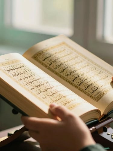 Close-up of a young student's hands gently holding an open Mushaf Al-Qur'an, soft morning window light illuminating the Arabic script, warm gold and deep emerald background, shallow depth of field, 35mm editorial photography