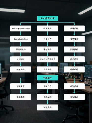 Clean vector system architecture diagram showing multi-agent coordination, structured data inputs, compliance filters, and validated outputs, dark ambient background, cyan accents.