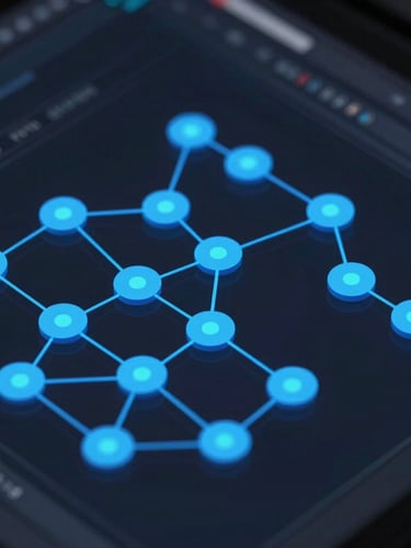 Isometric close-up of a dark node-based workflow interface, self-illuminated blue paths connecting precise state nodes, sharp vector rendering on a deep obsidian canvas.