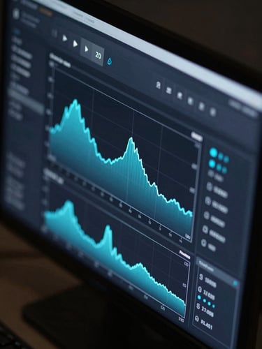 Isometric close-up of a dark user interface displaying real-time latency charts, sharp self-illuminated UI elements with subtle electric blue glow effects, clean dark ambient environment.