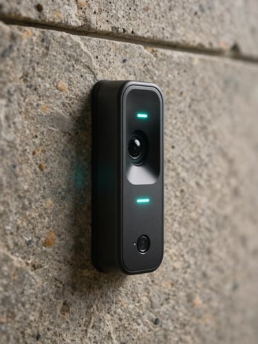 Macro shot of a sleek, dark obsidian biometric scanner integrated into a textured basalt stone wall, a sharp cyber-teal LED indicator glowing subtly in the architectural shadow, cinematic 21:9 framing.