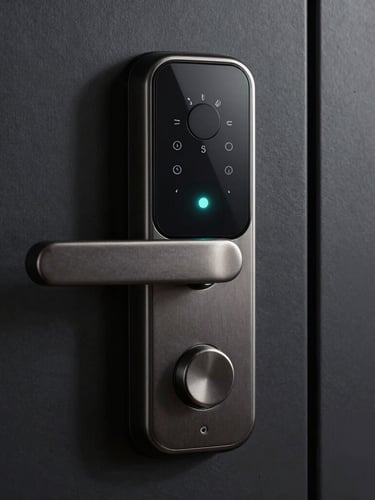 Macro shot of a sleek, dark metallic smart lock interface on a heavy obsidian door, a single precise teal indicator light glowing softly, architectural shadows