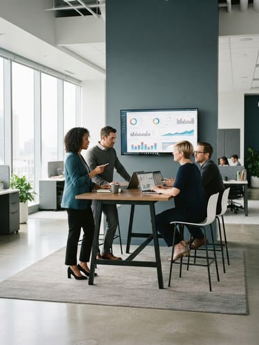 Modern collaborative office space, professionals discussing data on large screens, bright natural daylight, cool slate and teal tones, sharp editorial photography, 35mm lens.