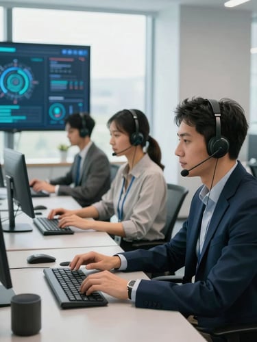 Modern, sleek contact center environment with professionals collaboratively working at ergonomic workstations, large data dashboards visible in the background, bright natural office daylight, cool slate and teal tones, clean composition, 35mm lens