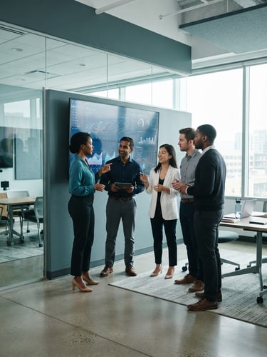 A diverse team of professionals collaborating in a modern, brightly lit office, focused on data on a large screen, with clean architectural lines and cool slate and teal tones, sharp editorial photography, 35mm lens.