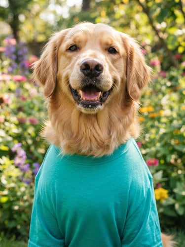 Bright joyful pet photography, warm natural daylight, a happy golden retriever wearing a custom vibrant teal shirt, outdoor garden backdrop, close-up focusing on perfect fit, 35mm lens