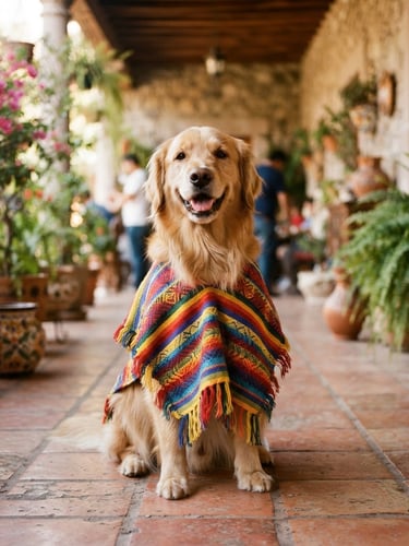 Eye-level medium shot of a happy golden retriever wearing a colorful handmade Mexican dog poncho, sitting in a bright sunlit patio in Celaya, warm daylight, 35mm lens