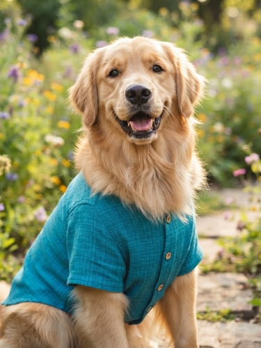 Bright joyful pet photography of a happy fluffy dog wearing a vibrant handmade teal shirt, looking at the camera, warm natural daylight, 35mm lens