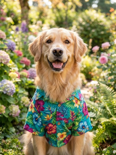 Happy fluffy golden retriever dog wearing a colorful handmade teal and magenta tropical shirt, looking directly at the camera, bright warm natural daylight, outdoor garden background